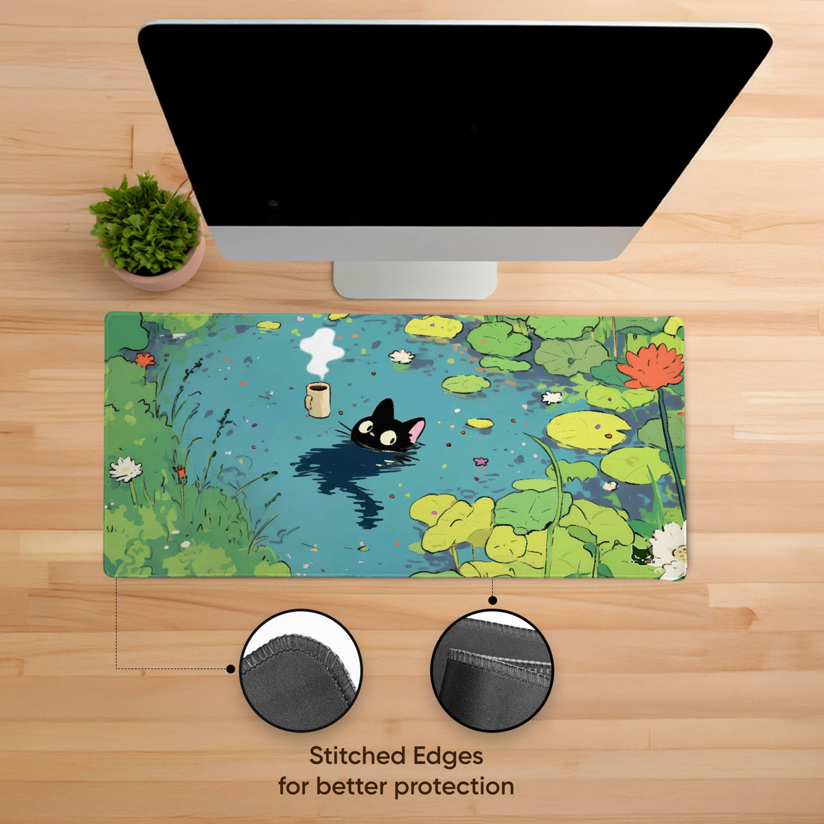 Cat and Coffee Stitched Desk Mat